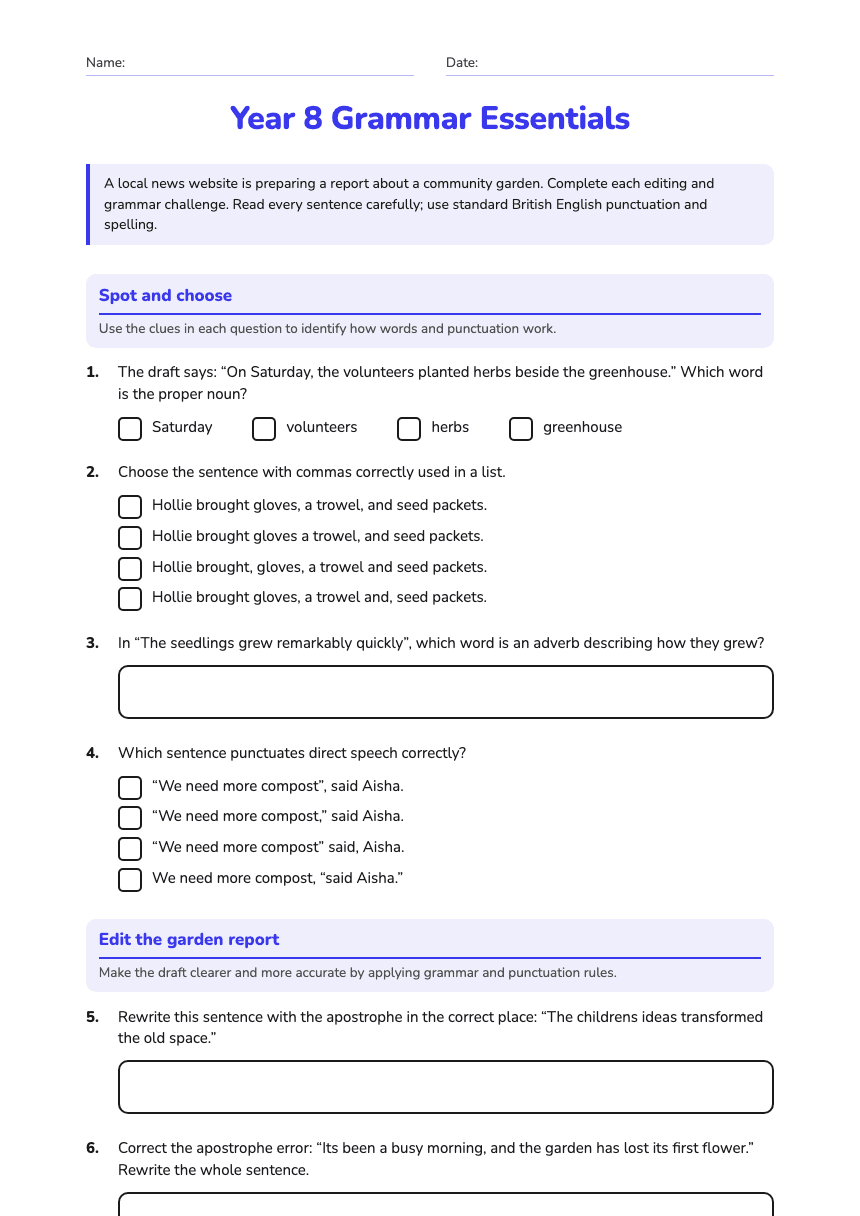 Year 8 Grammar Essentials worksheet preview
