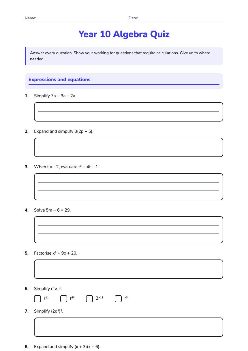 Year 10 Algebra Quiz worksheet preview