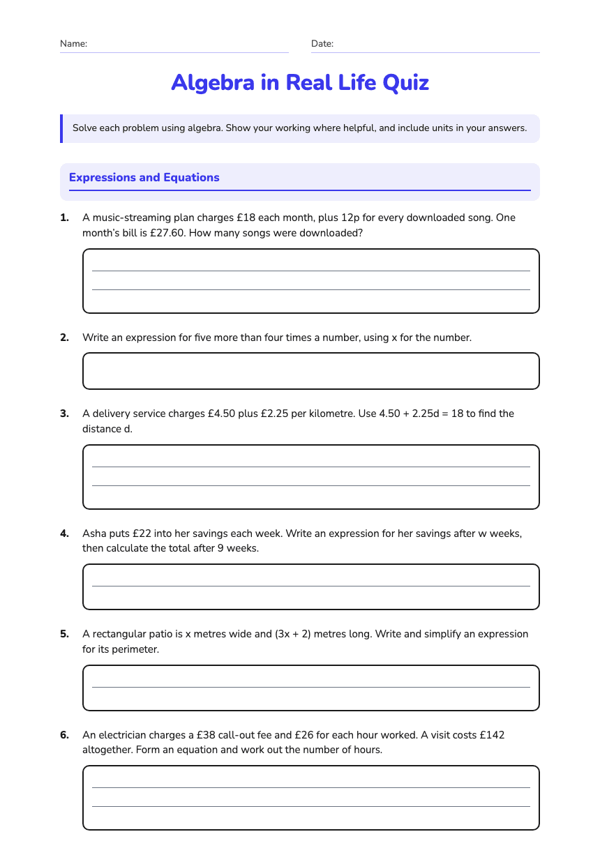 Algebra in Real Life Quiz worksheet preview