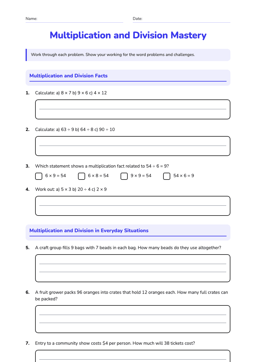 Multiplication and Division Mastery worksheet preview