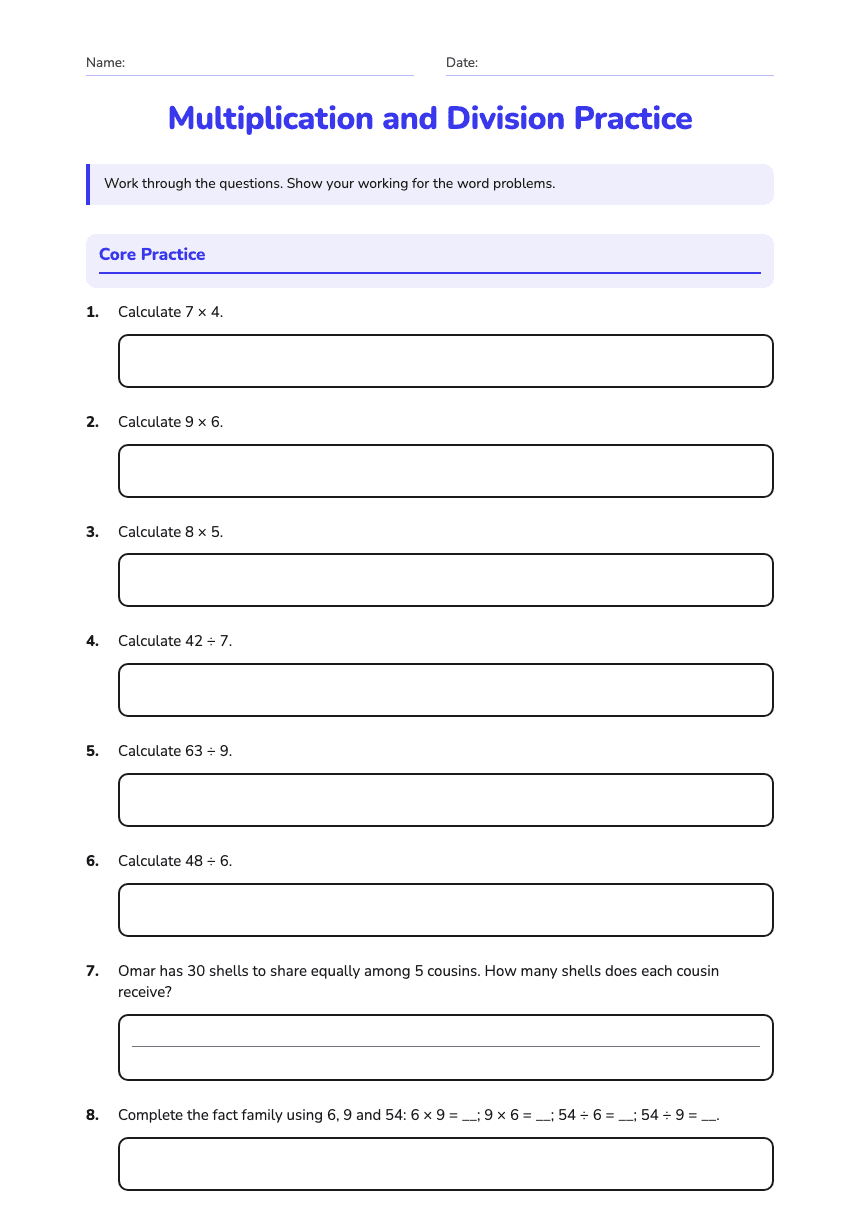 Multiplication and Division Practice worksheet preview