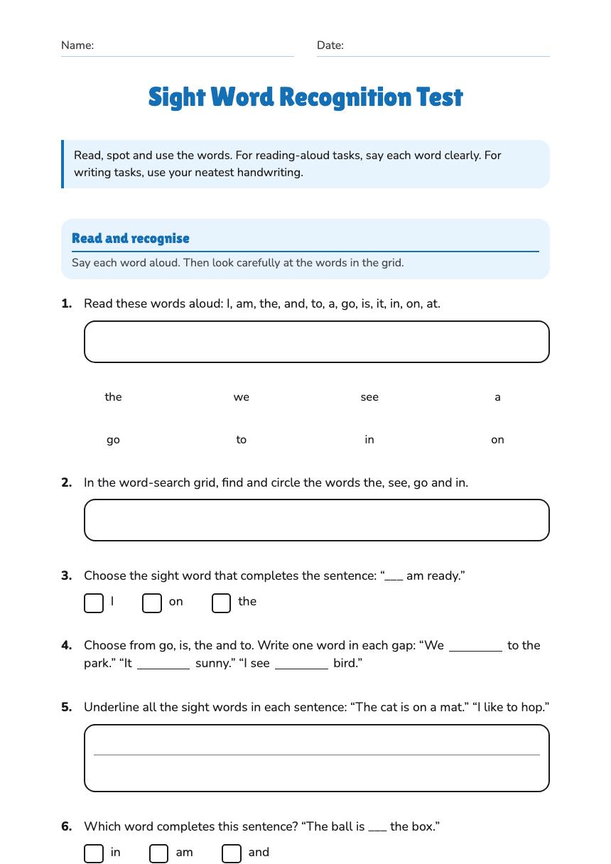 Sight Word Recognition Test worksheet preview