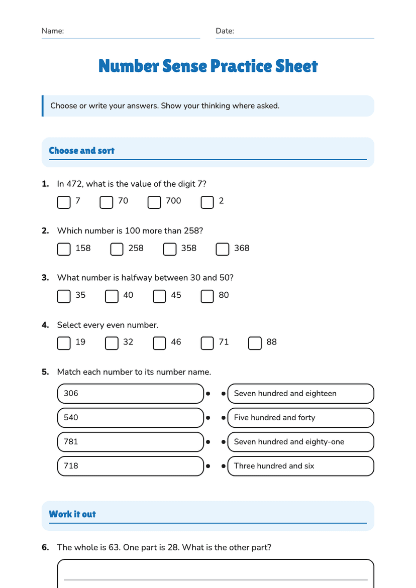 Number Sense Practice Sheet