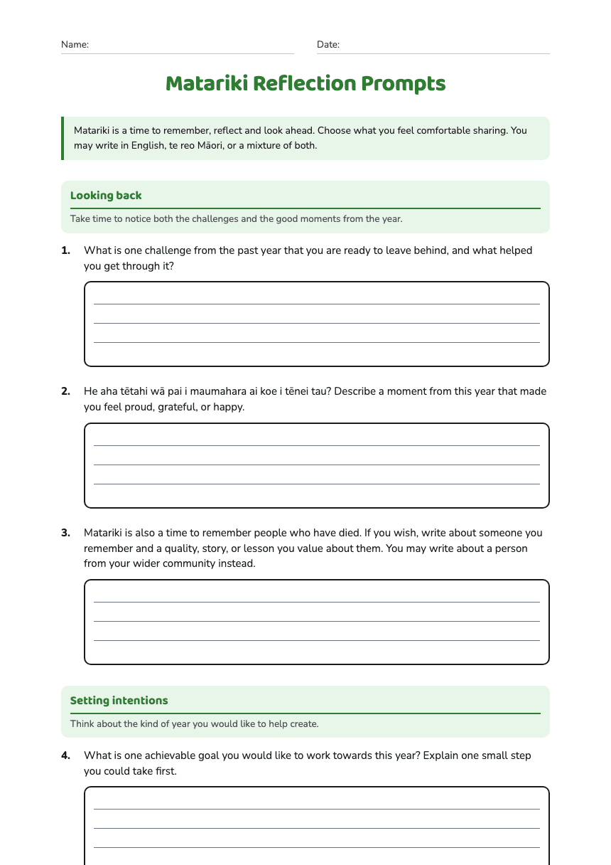 Matariki Reflection Prompts worksheet preview