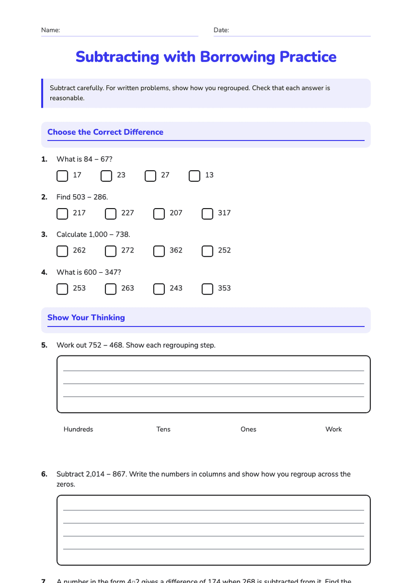 Subtracting with Borrowing Practice