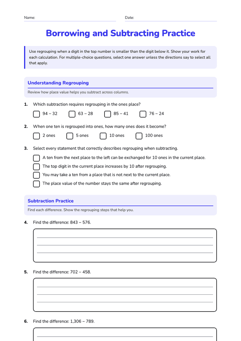 Borrowing and Subtracting Practice