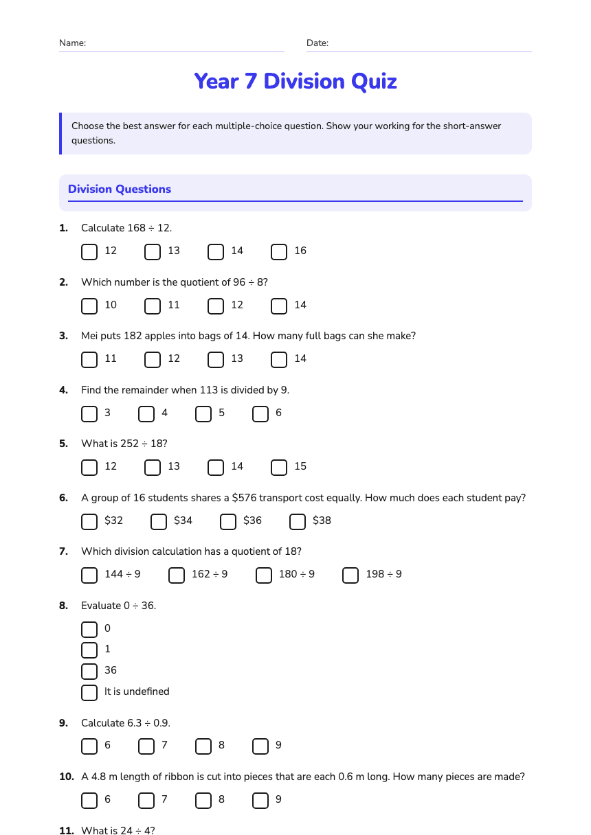 Year 7 Division Quiz worksheet preview
