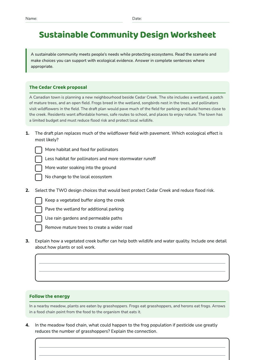 Sustainable Community Design Worksheet worksheet preview