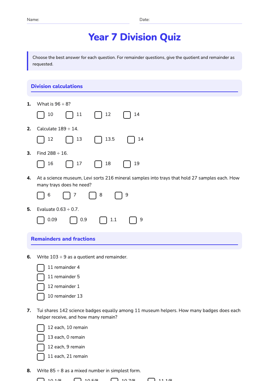 Year 7 Division Quiz worksheet preview