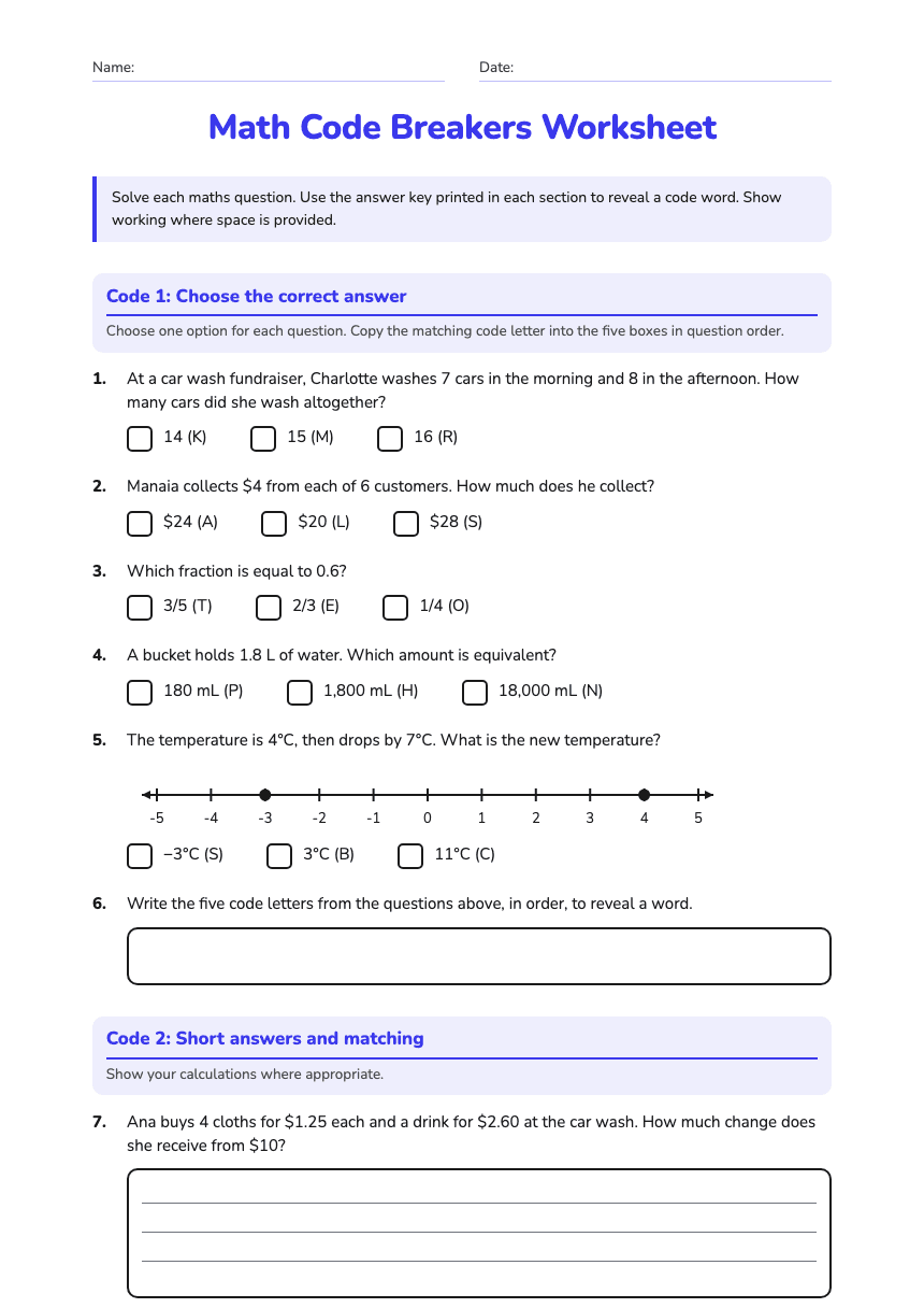 Math Code Breakers Worksheet worksheet preview