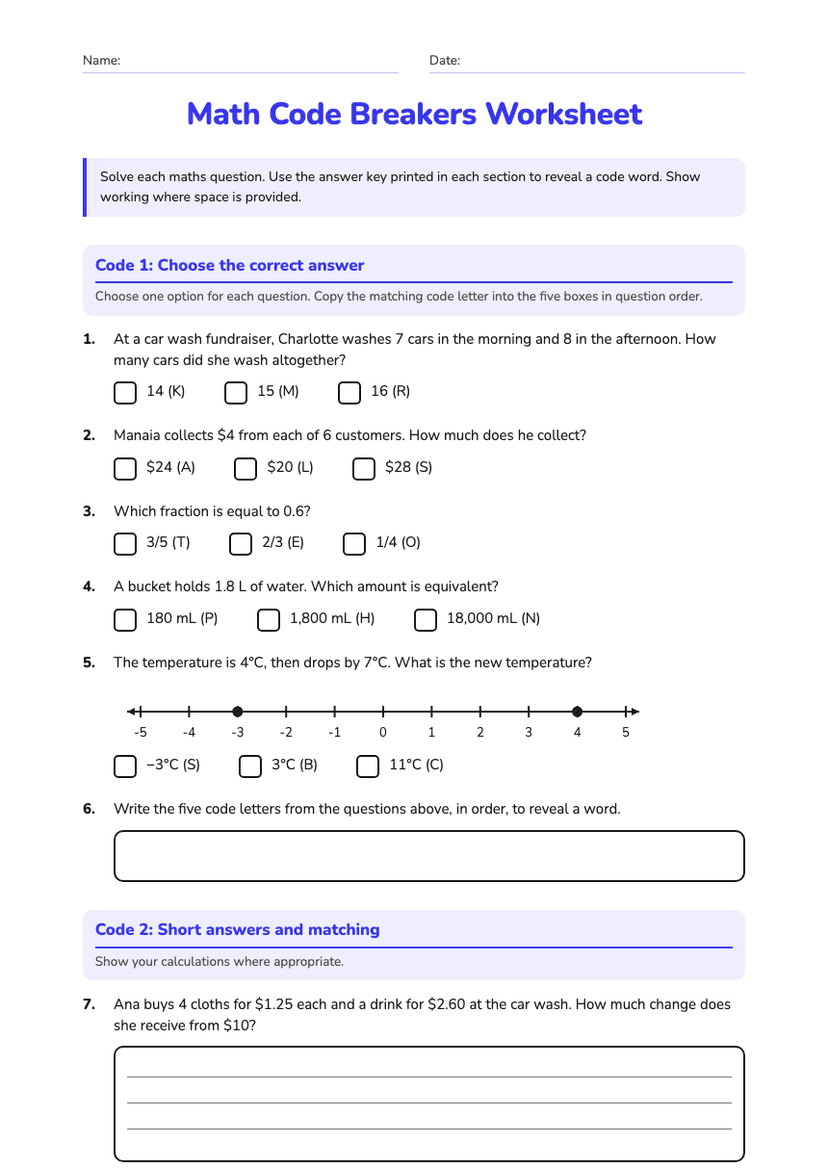 Math Code Breakers Worksheet