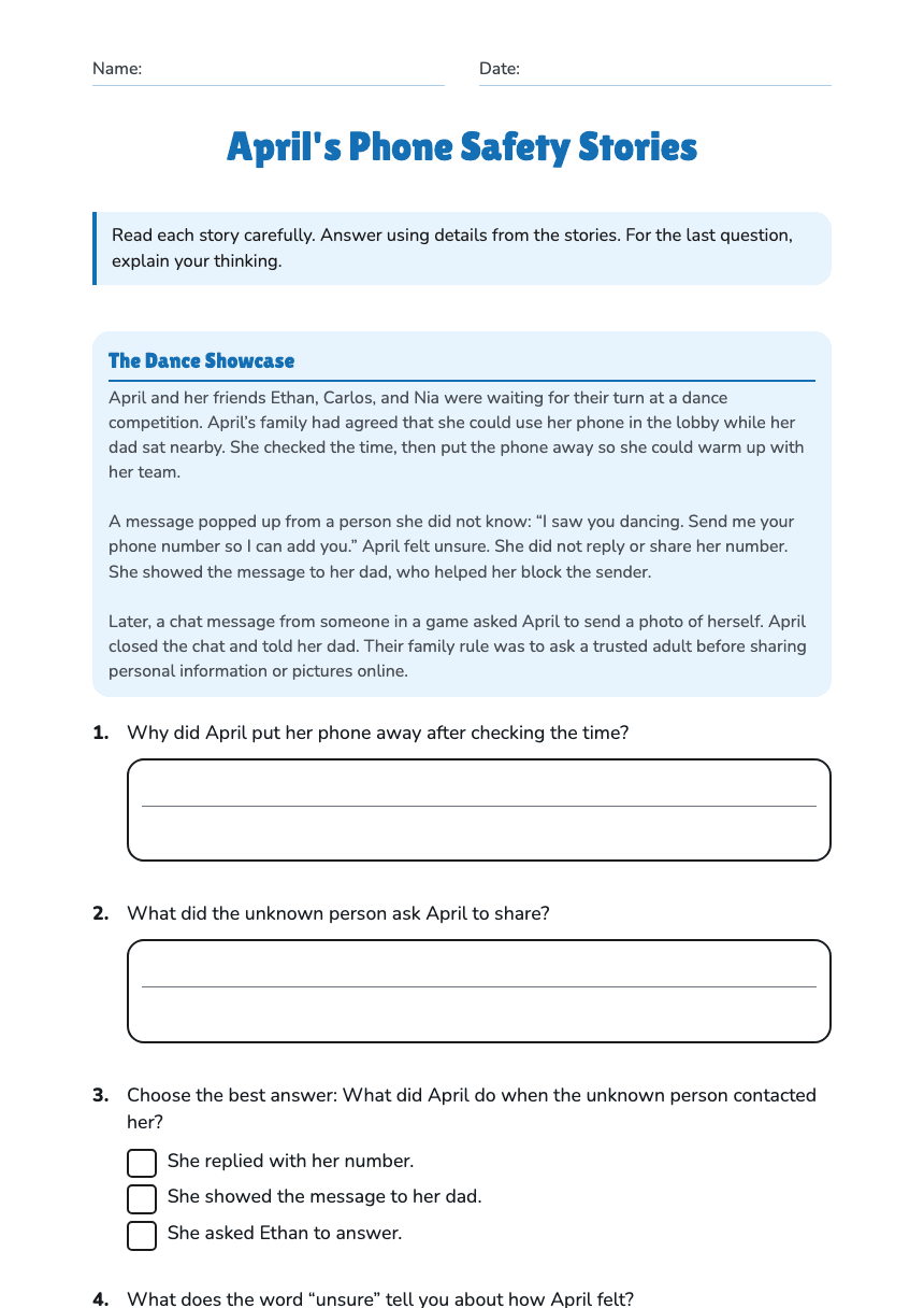 April's Phone Safety Stories worksheet preview