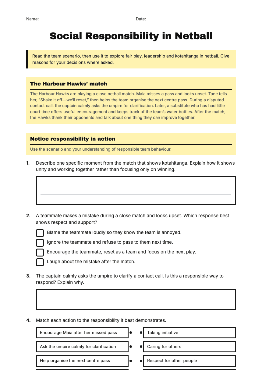 Social Responsibility in Netball worksheet preview