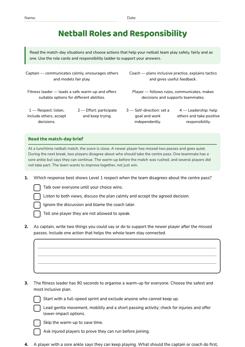 Netball Roles and Responsibility worksheet preview
