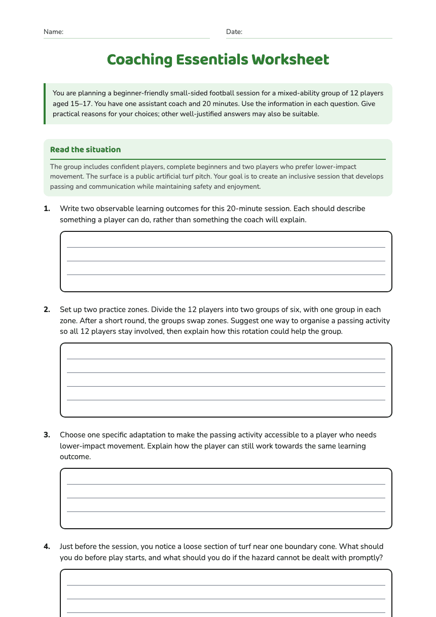 Coaching Essentials Worksheet worksheet preview