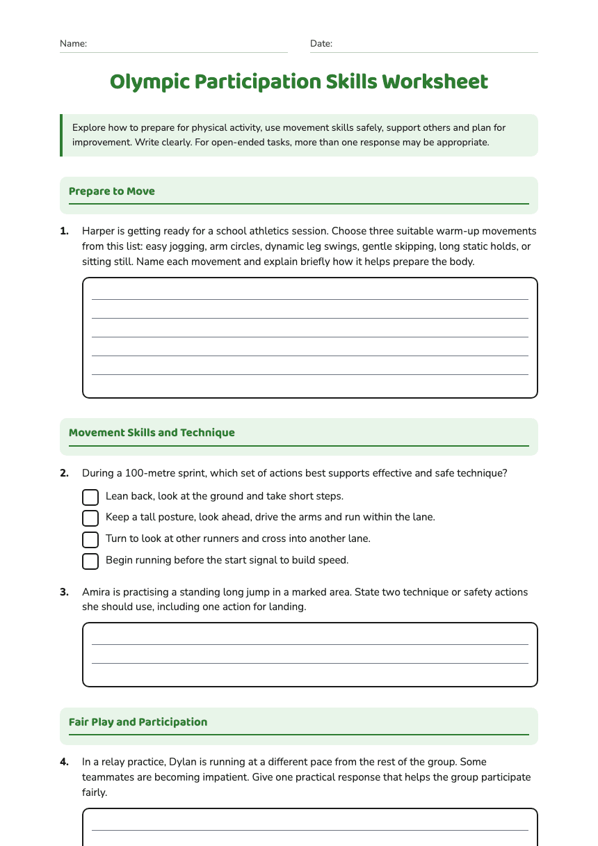 Olympic Participation Skills Worksheet worksheet preview