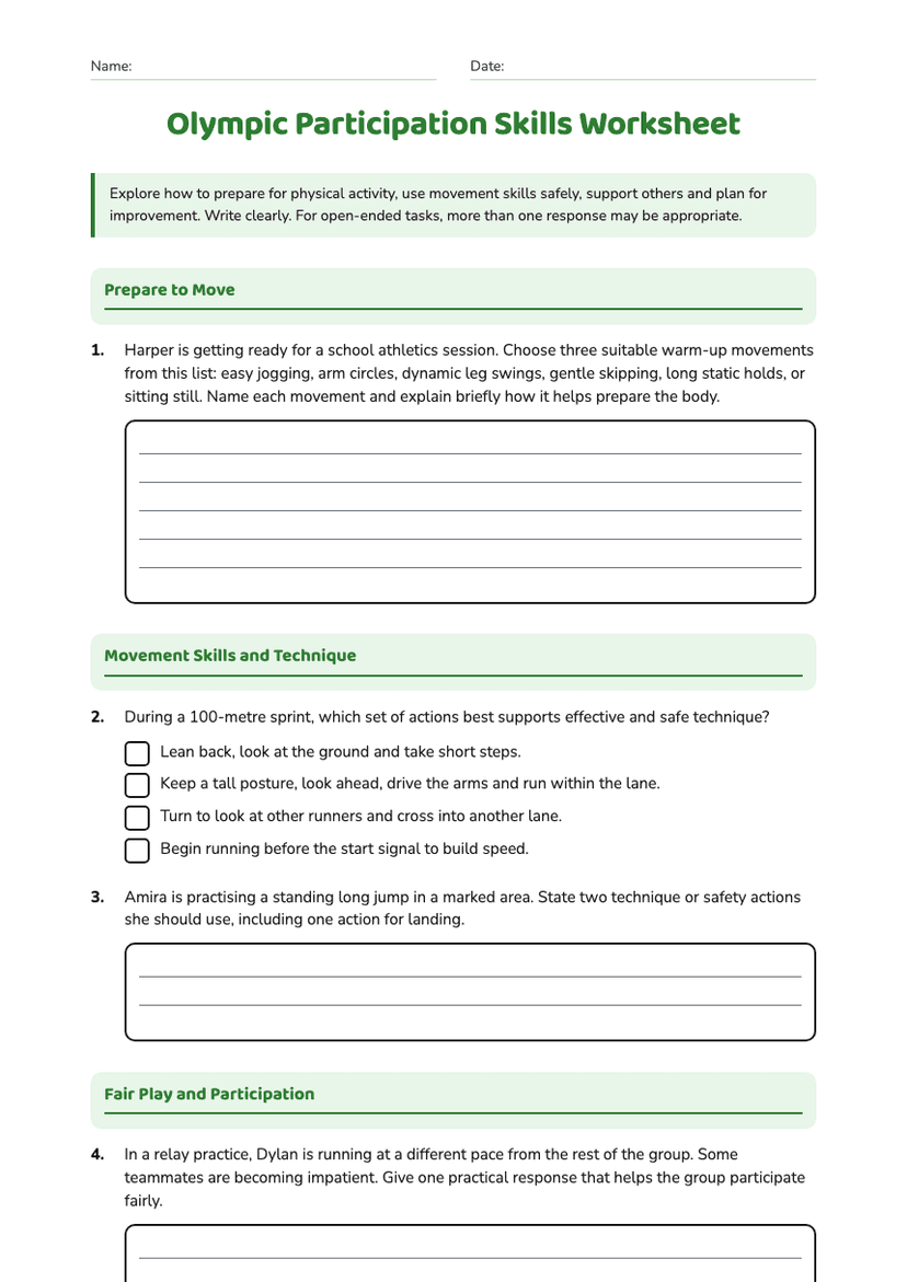 Olympic Participation Skills Worksheet