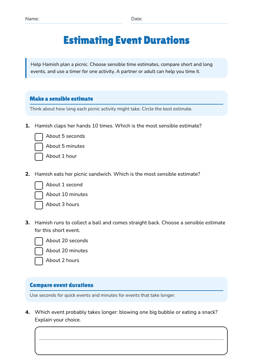 Estimating Event Durations worksheet preview