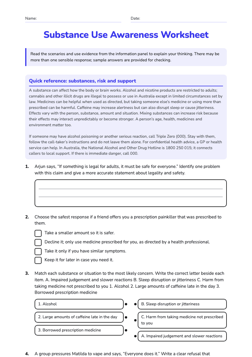 Substance Use Awareness Worksheet worksheet preview