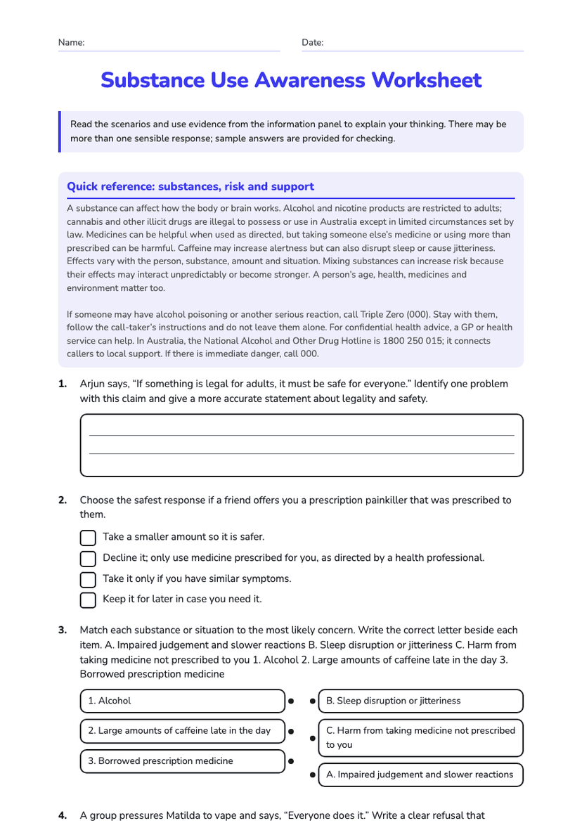 Substance Use Awareness Worksheet