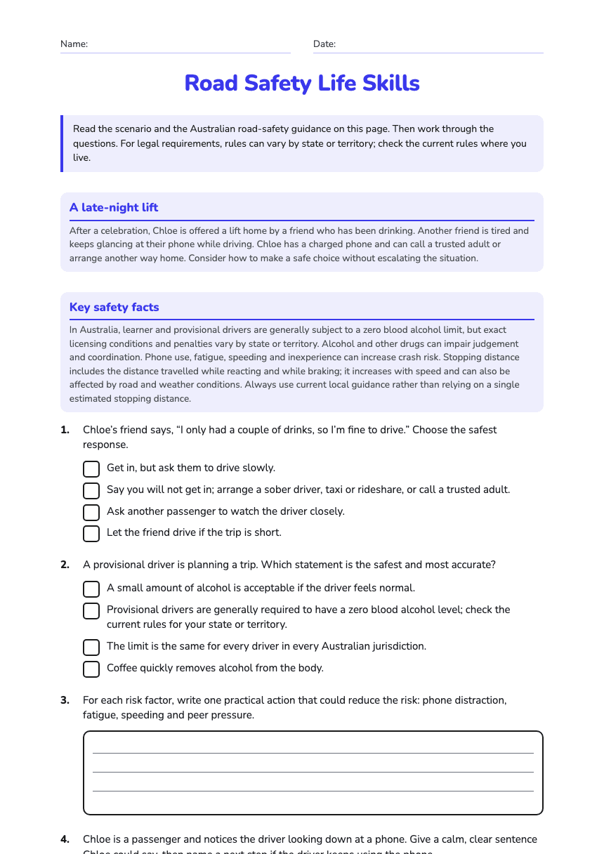 Road Safety Life Skills worksheet preview
