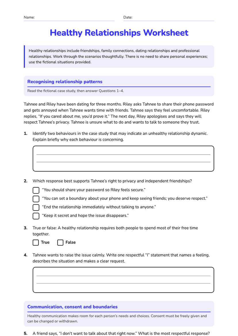 Healthy Relationships Worksheet