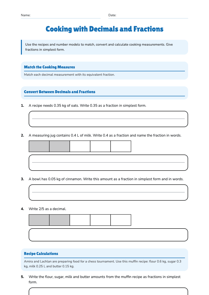 Cooking with Decimals and Fractions worksheet preview