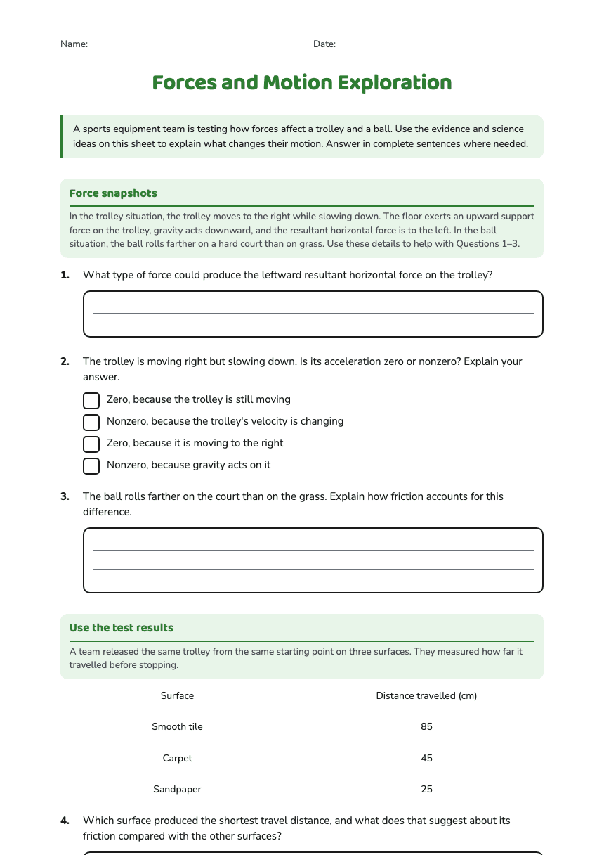 Forces and Motion Exploration worksheet preview