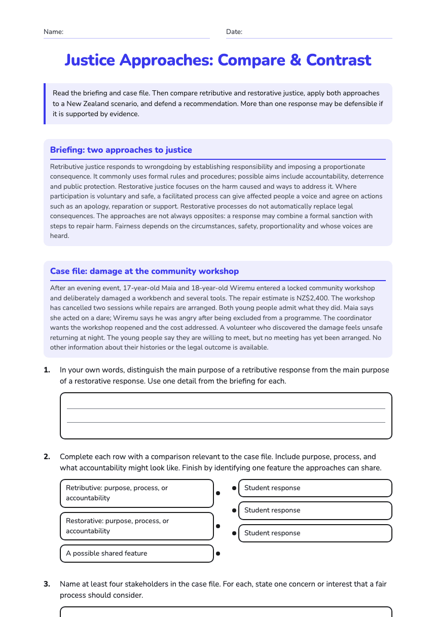 Justice Approaches: Compare & Contrast worksheet preview
