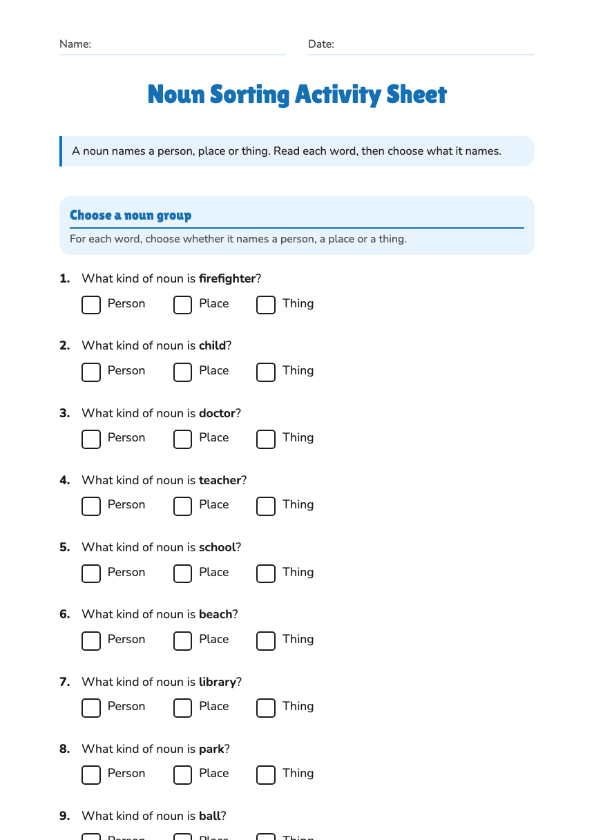 Noun Sorting Activity Sheet worksheet preview