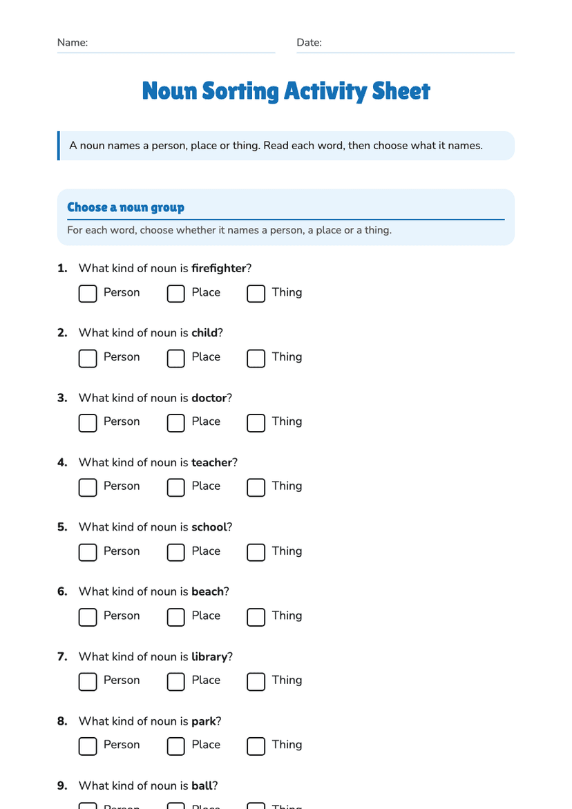 Noun Sorting Activity Sheet
