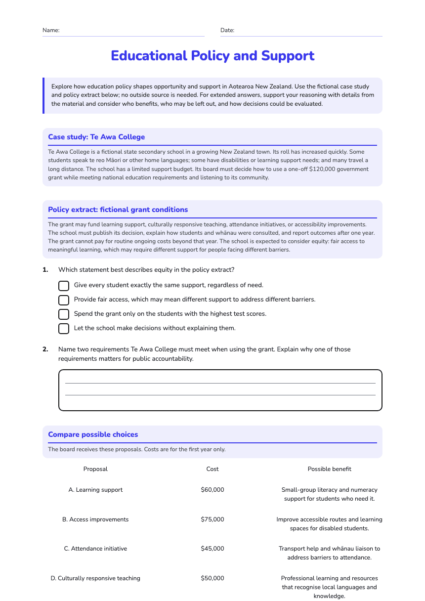 Educational Policy and Support worksheet preview