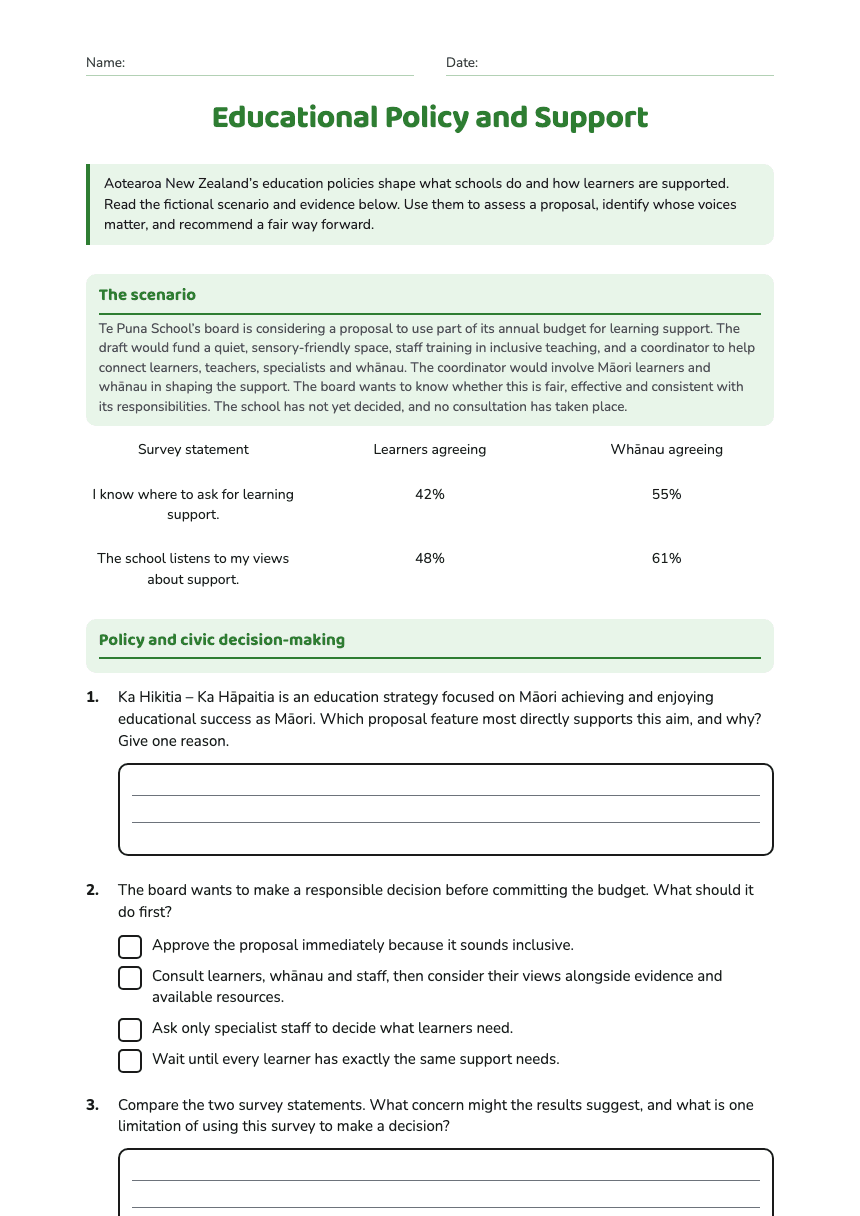 Educational Policy and Support worksheet preview