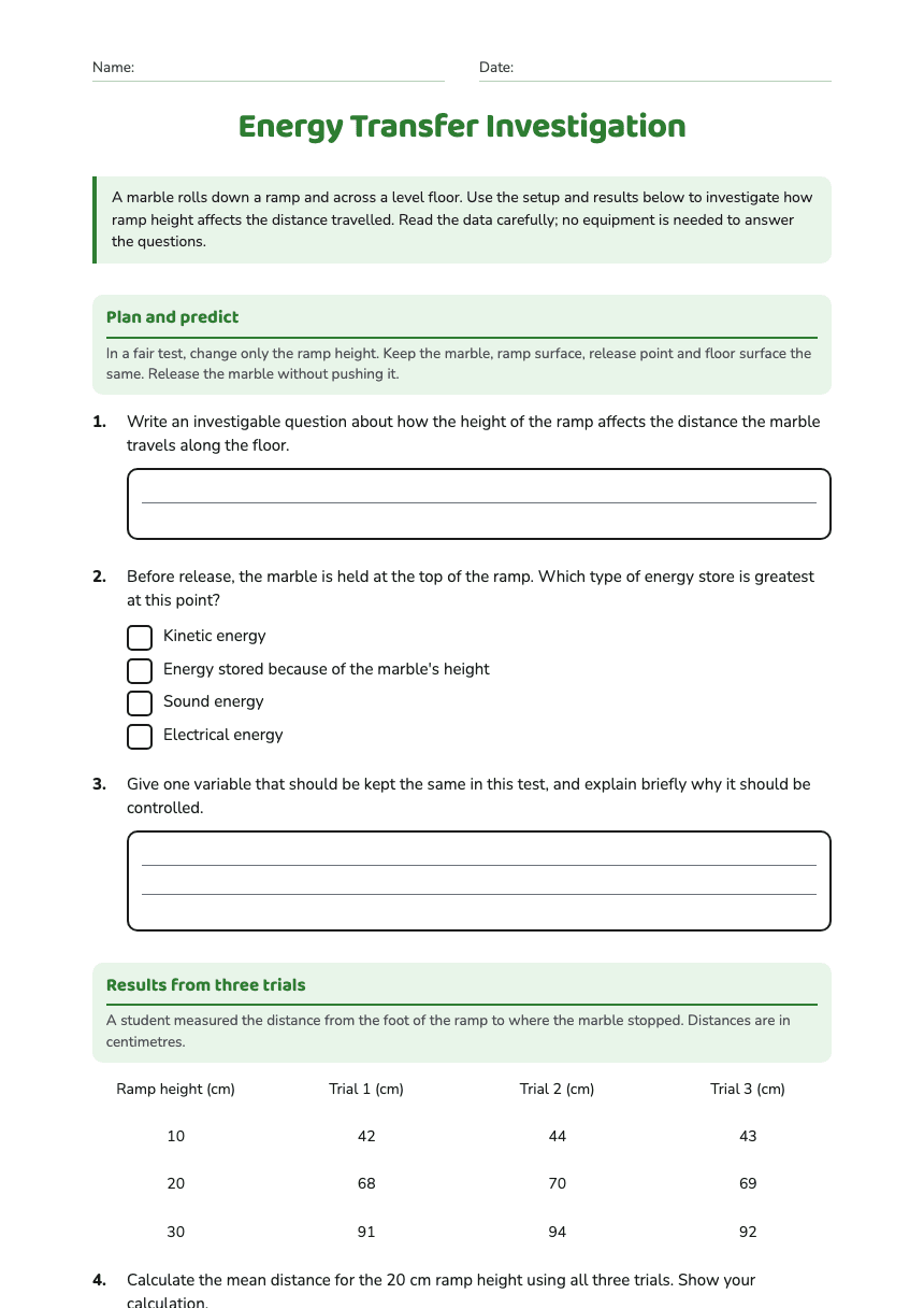Energy Transfer Investigation worksheet preview