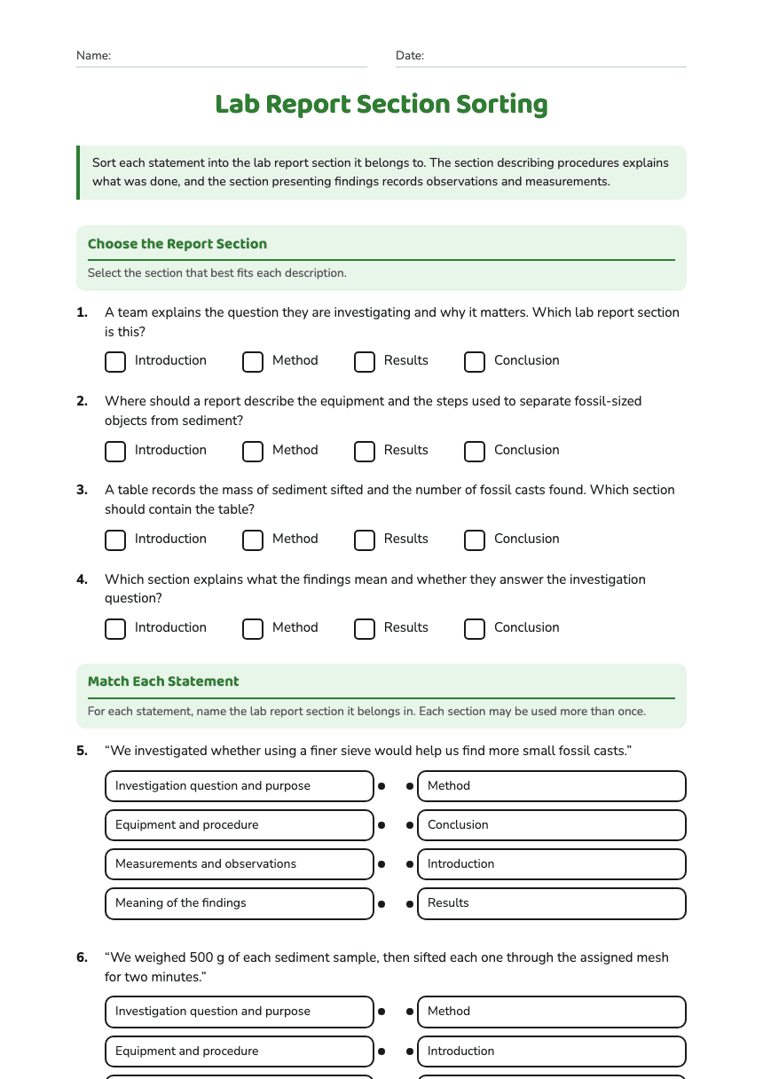 Lab Report Section Sorting worksheet preview