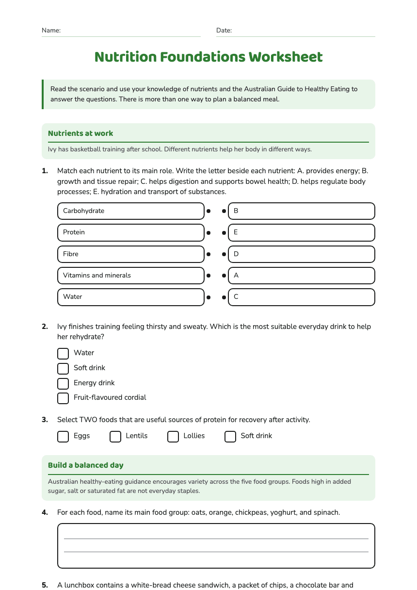 Nutrition Foundations Worksheet worksheet preview