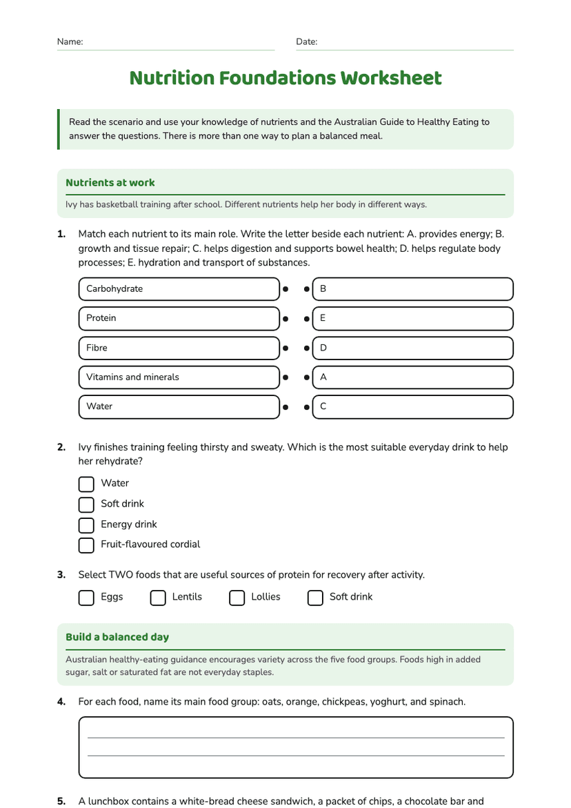 Nutrition Foundations Worksheet