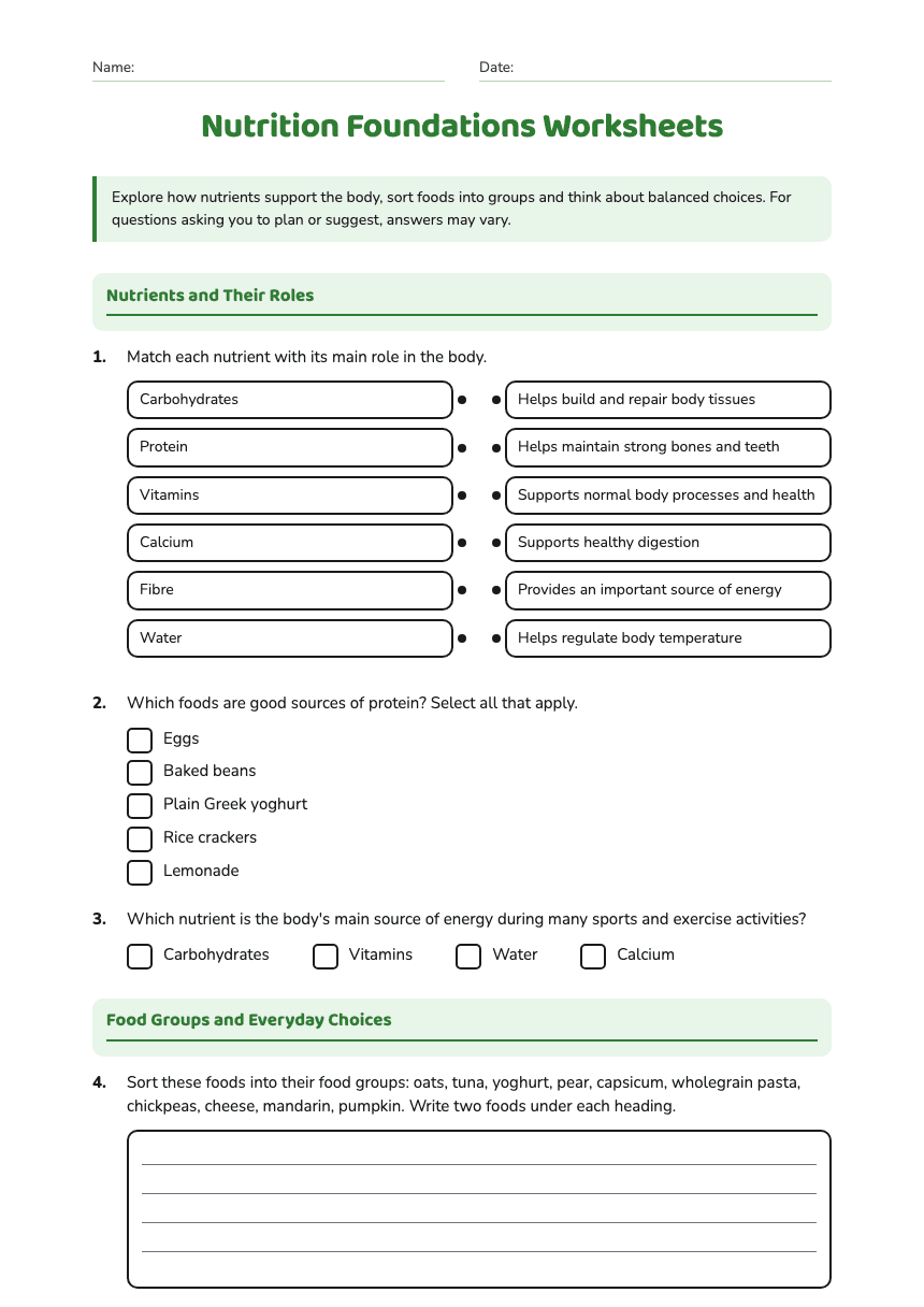 Nutrition Foundations Worksheets worksheet preview