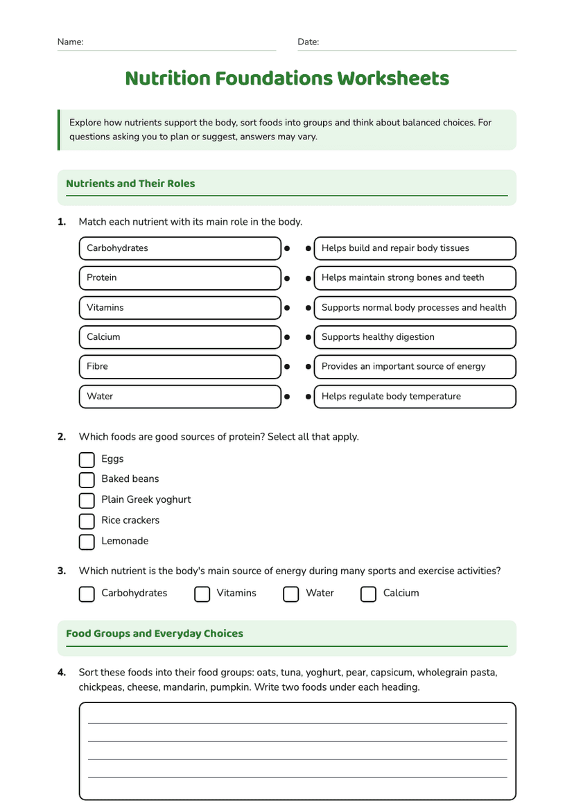 Nutrition Foundations Worksheets