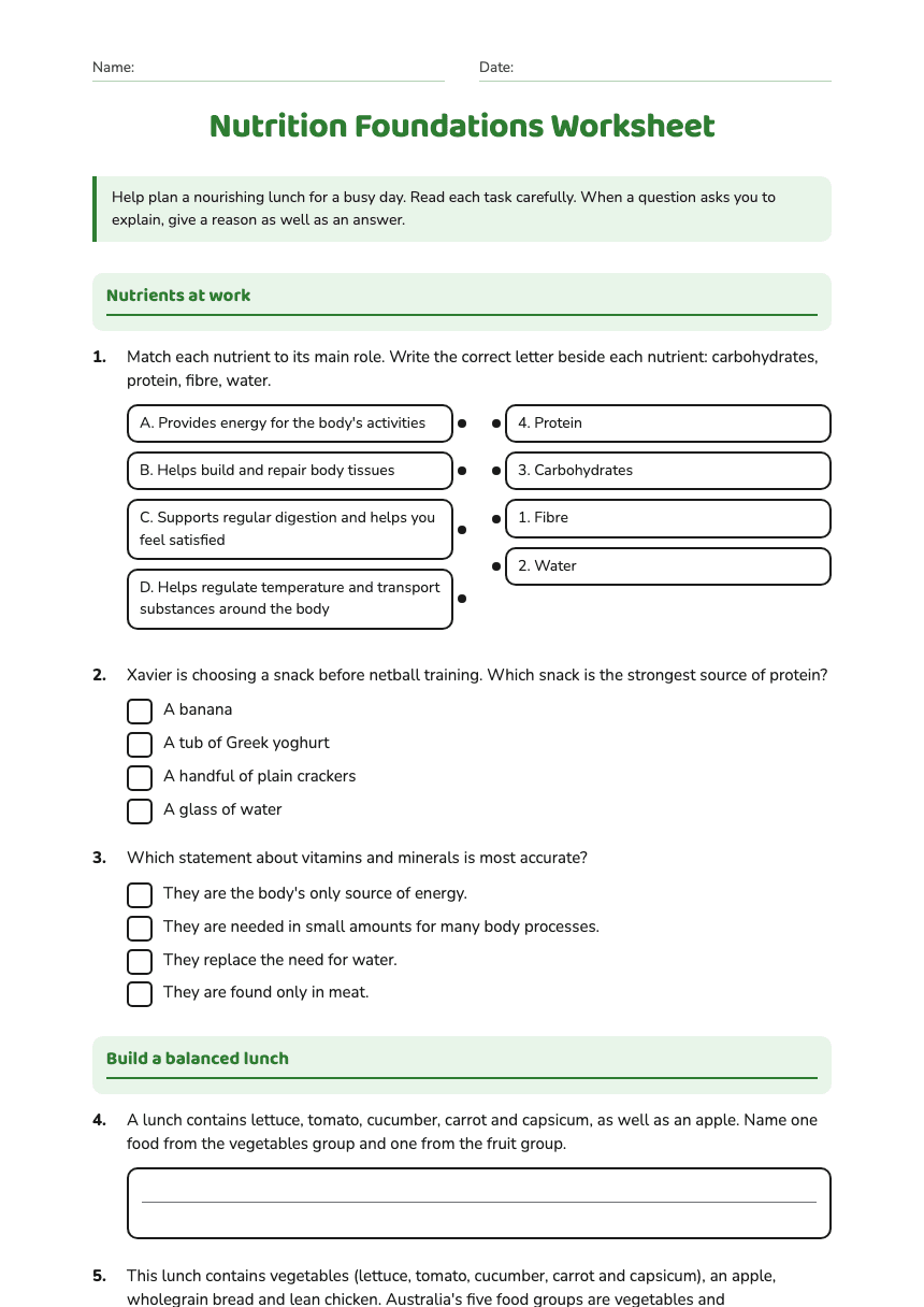 Nutrition Foundations Worksheet worksheet preview