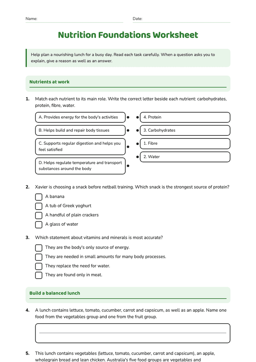 Nutrition Foundations Worksheet
