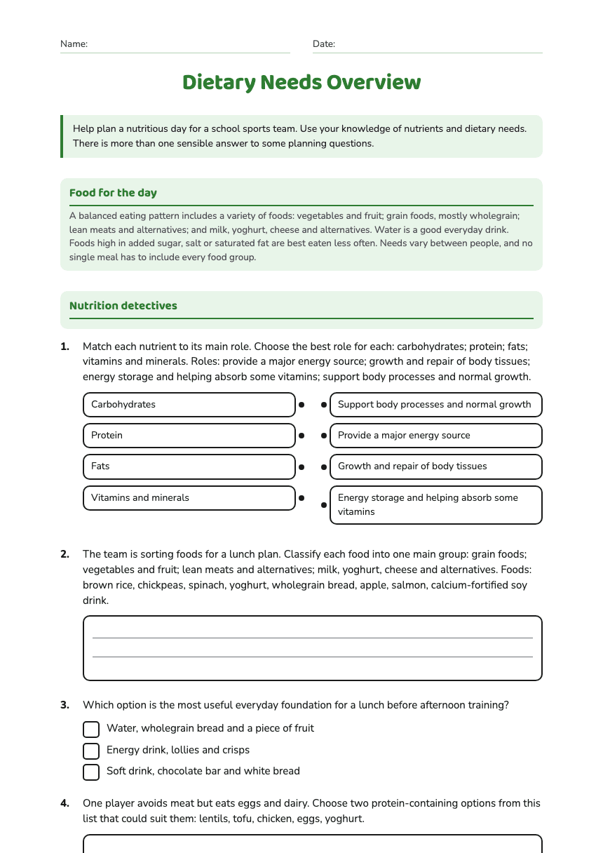 Dietary Needs Overview worksheet preview