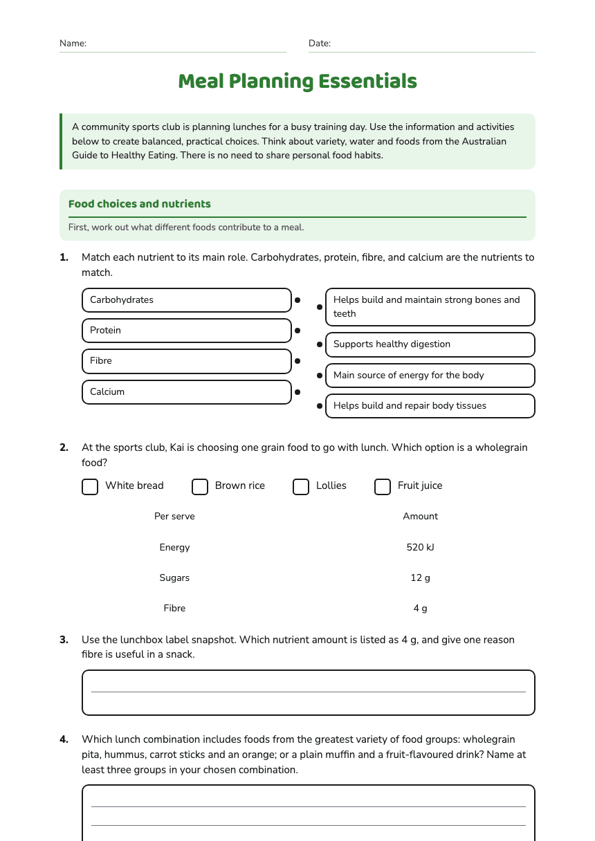 Meal Planning Essentials worksheet preview