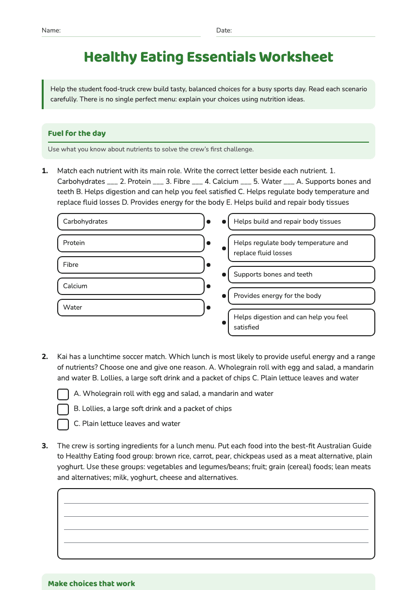 Healthy Eating Essentials Worksheet worksheet preview