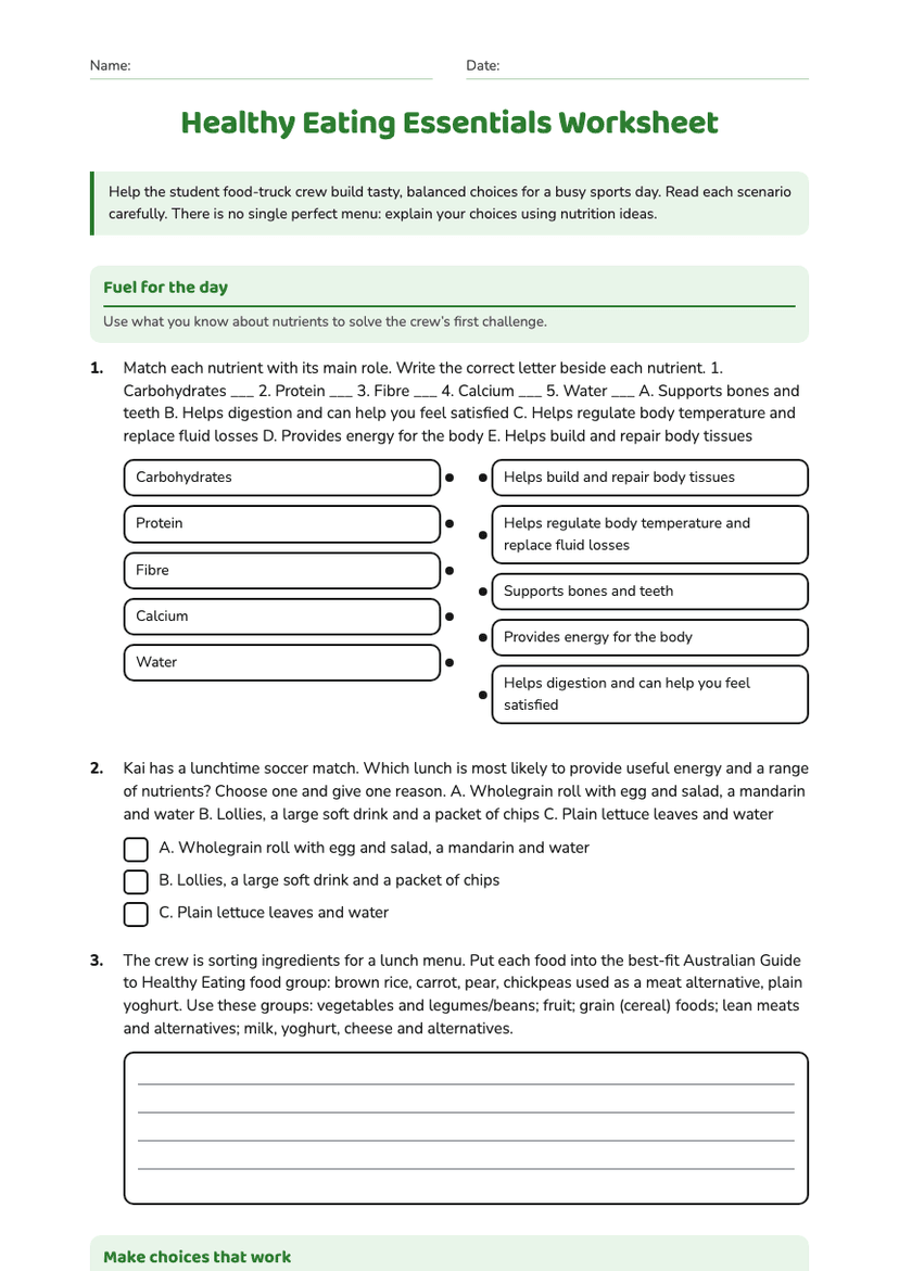 Healthy Eating Essentials Worksheet