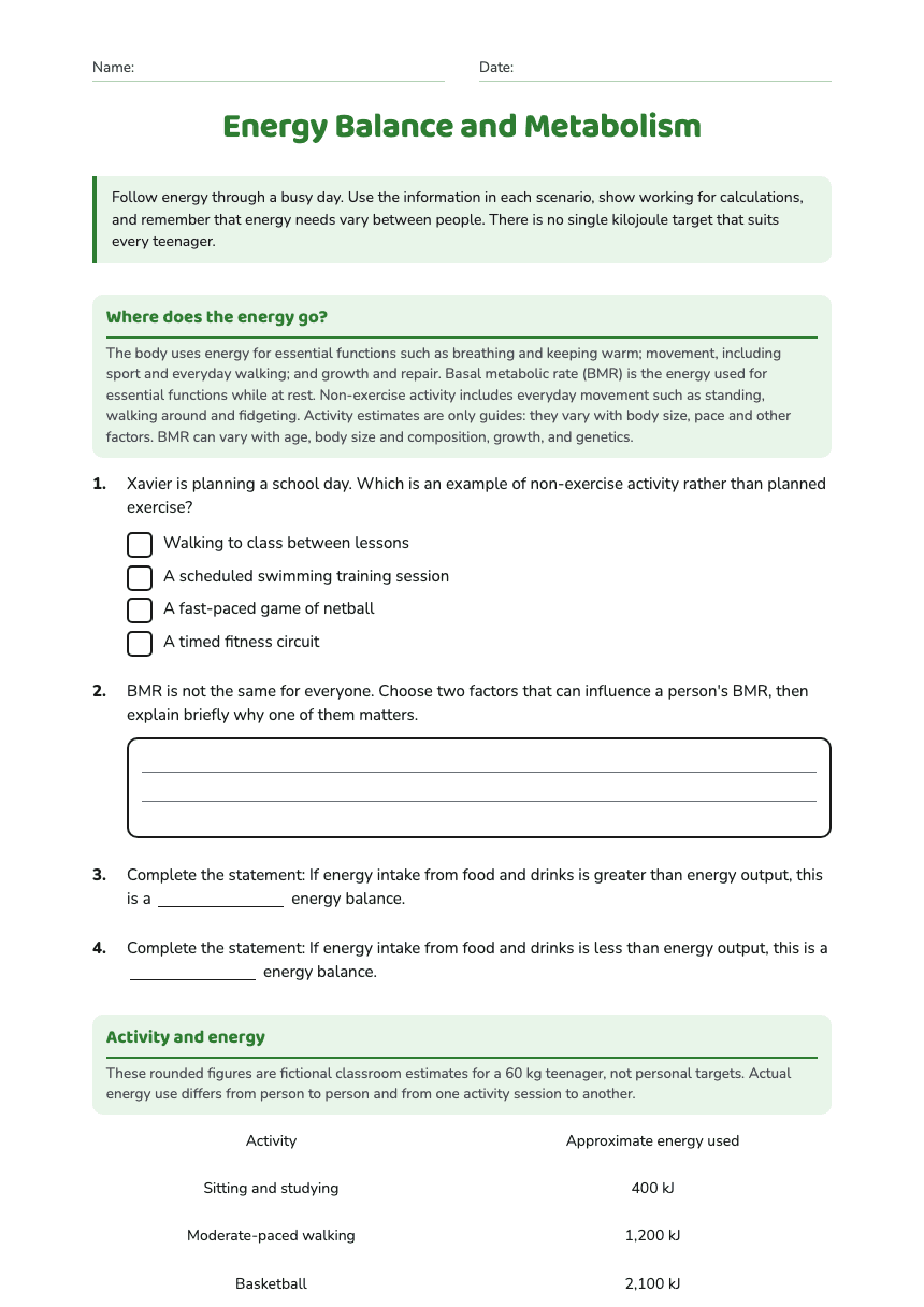 Energy Balance and Metabolism worksheet preview