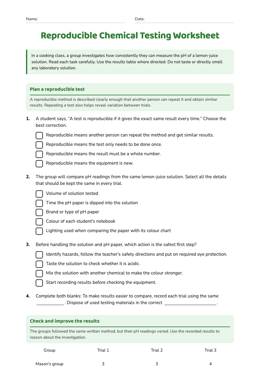 Reproducible Chemical Testing Worksheet worksheet preview