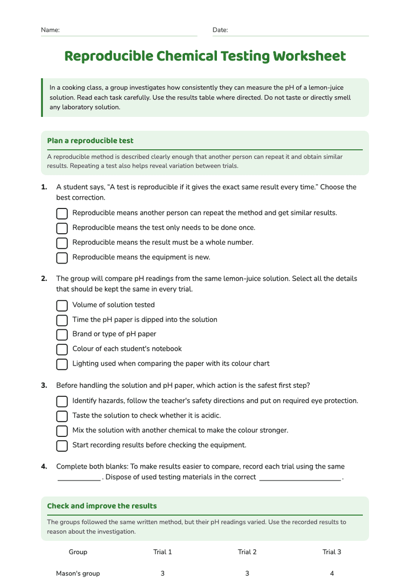 Reproducible Chemical Testing Worksheet