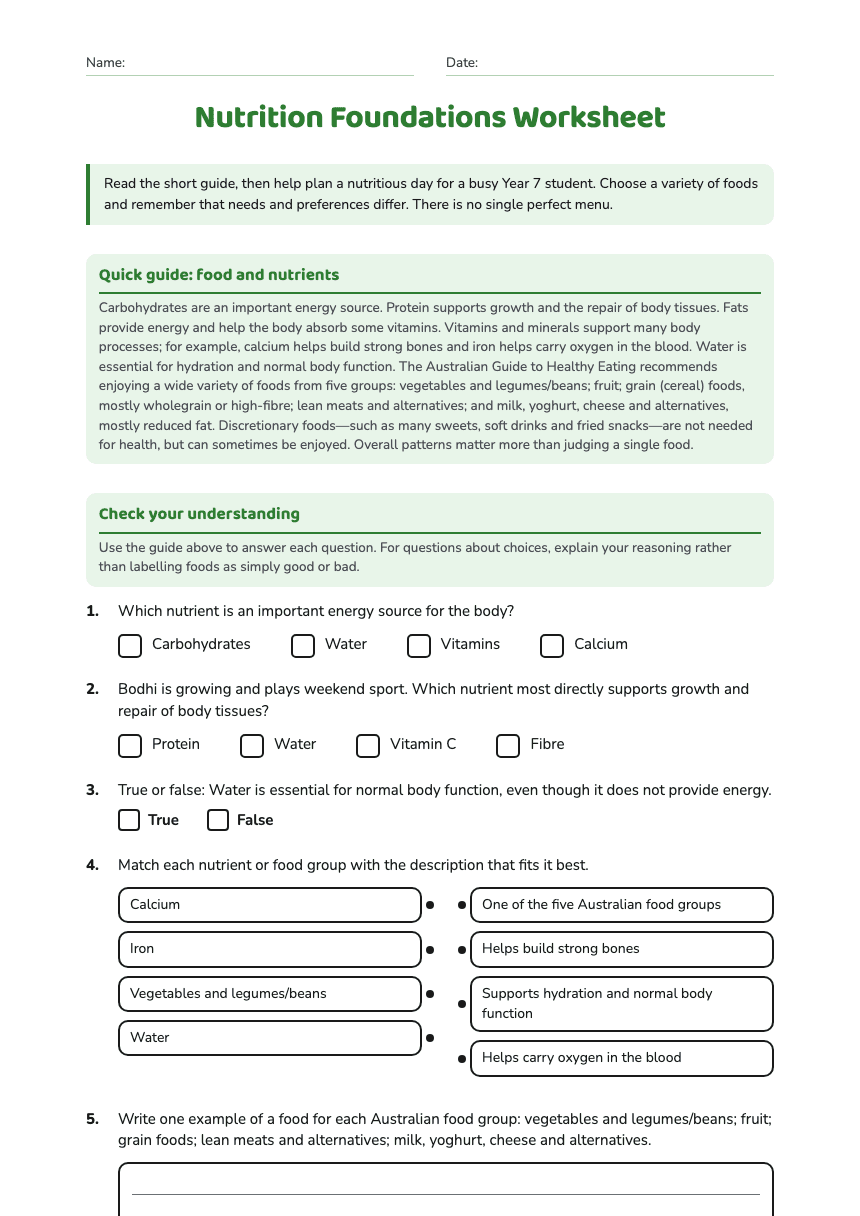 Nutrition Foundations Worksheet worksheet preview
