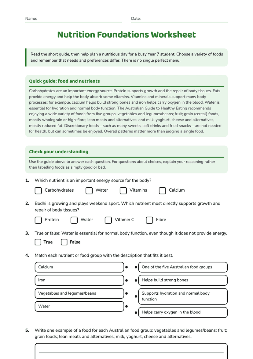 Nutrition Foundations Worksheet